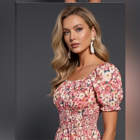 Floral Print Shirred  Puff Sleeve Dress - Picture 2 of 6